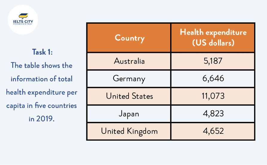 The table shows the information of total health expenditure per capita in five countries in 2019