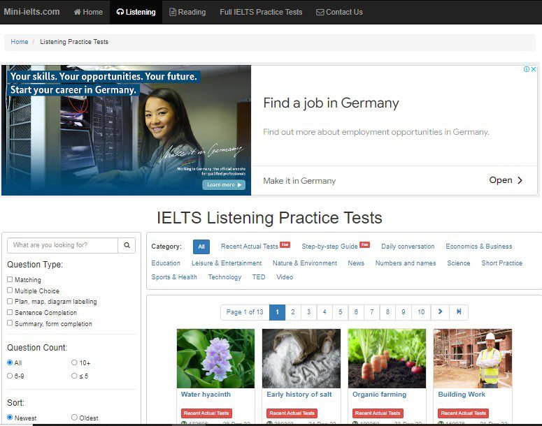 Website test IELTS Listening online free - Mini IELTS