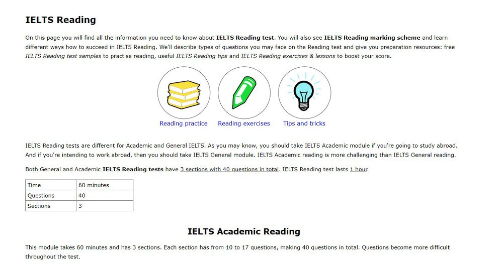 trang web test reading ielts online - ielts up