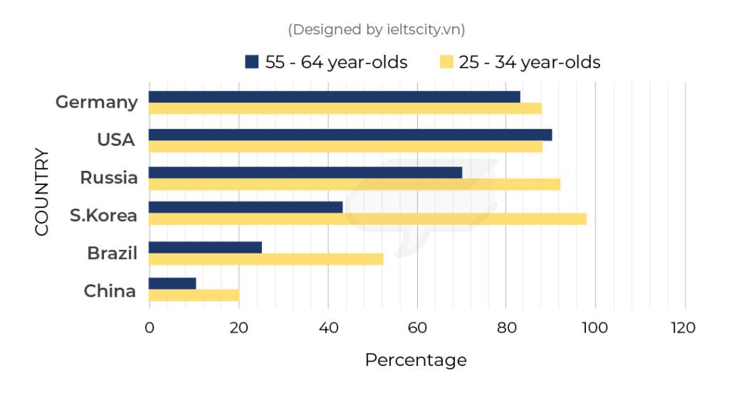 The bar chart below shows the percentages of internet users in different age groups in six countries