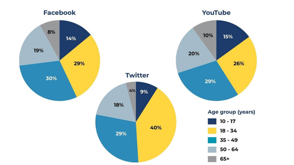 The pie charts show the proportion of users across different age groups on three apps:Twitter, Facebook and YouTube. Summarise the information by selecting and reporting the main features, and make comparisons where relevant.